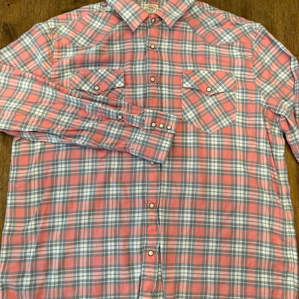 Faherty Organic Cotton Pink Dual Pocket Check Mens Pearl Snap Western Shirt 2XL
